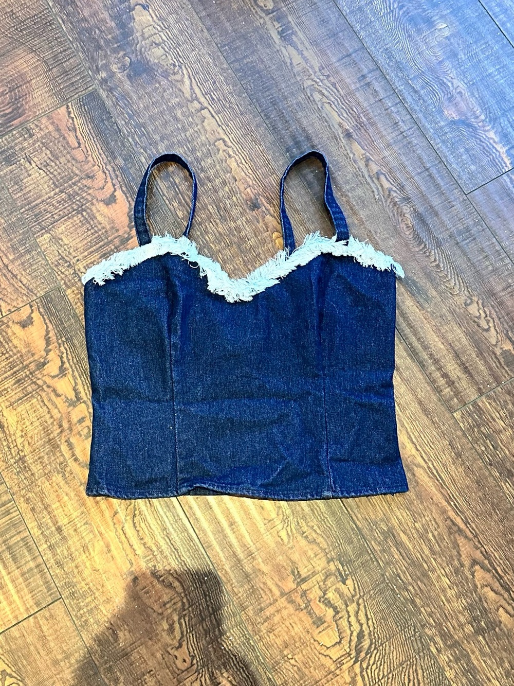 PacSun Dark Blue Denim Crop Top with Cream Lace Trim